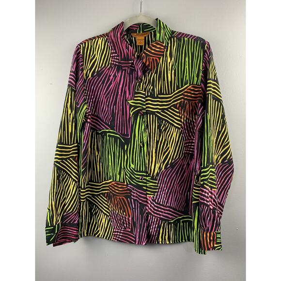 Milano Top Womens Small Long Sleeve Top Button front‎ Multi print Flaw - Picture 1 of 5